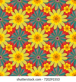 Doodle style, spring floral background. Vector flower pattern. Colorful seamless botanic pattern, detailed flowers illustrations in yellow, red and pink colors.
