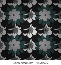Doodle style, spring floral background. Vector flower pattern. Colorful seamless botanic pattern, detailed flowers illustrations in gray, green and black colors.