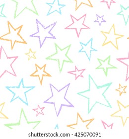 Doodle style stars of different size seamless vector pattern. Soft pastel colors. Rough texture, uneven edges. Free hand drawn abstract colorful background. Brush or chalk drawn star shapes.