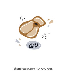 Doodle style  steak on an isolated background. Hand drawn lettering Love Keto. Healthy low carb eating concept. Flat design element for banners, cards, posters, menu about the keto diet. Vector.