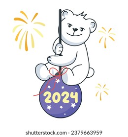 Doodle style sticker of bear sitting on hanging bauble 