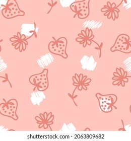 Doodle style strawberries and flowers seamless pattern. Perfect for scrapbooking, textile and prints. Hand drawn vector illustration for decor and design.
