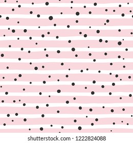 Doodle style stripes, bars, streaks and chaotic uneven polka dots, spots, blobs, drops texture. Seamless repeat vector pattern. Blush pink, rose, white and black colors fashion, beauty background. 