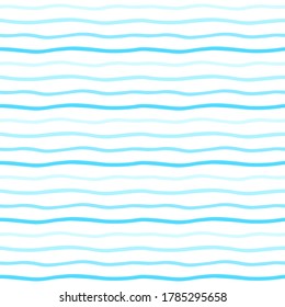 Doodle style stripes, pinstripes water waves, wavy lines seamless vector pattern. Gradient blue uneven bars, thin streaks regular texture. Hand drawn striped aquatic, sea background, border template. 