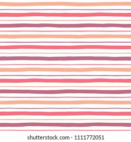 Doodle style stripes seamless repeat vector pattern. Free hand drawn uneven streaks, bars, lines, strips of different width. Regular red and orange striped texture, background, template.