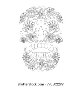 Doodle style stylized black and white sugar skull, hand drawn, stock vector illustration for print, for adult antistress coloring page
