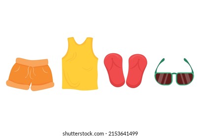 doodle style summer clothes,isolated on white background,shorts,undershirt,slippers,sunglasses,vector