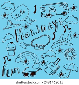 Doodle Style Summer Holidays Pattern on Blue Background.