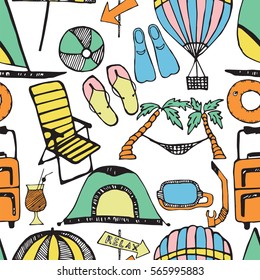 Doodle style, summer marine background. Seamless vector texture hand drawn. All elements are not cropped and hidden under mask.