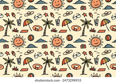 Doodle style summer seamless pattern with smiling sun and various beach accessories such as umbrellas, sunglasses and beach balls