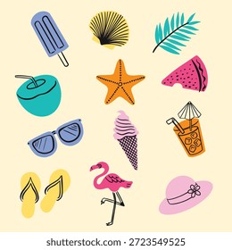 Doodle Style Summer Vector Isolated Elements Set