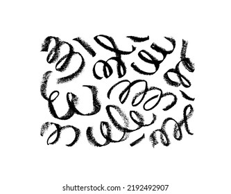 Doodle style swirled charcoal lines. Vector curly brush strokes, marker scribbles isolated on white background. Black pencil curly or swirled sketches. Charcoal curved lines and wavy brushstrokes