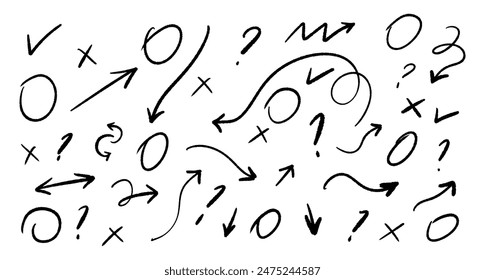 Doodle style symbols - checkmark, cross, circle and arrows. Hand drawn vector decorative elements.