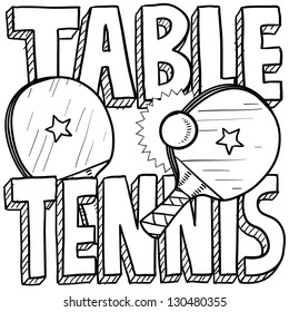 Doodle style table tennis or ping pong sports illustration.  Includes text, paddles, and balls.