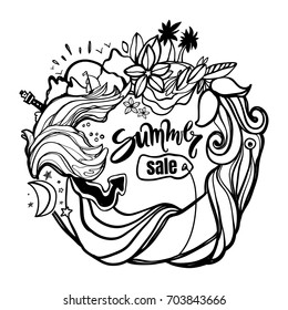 Doodle style tag, label Summer Sale hand drawn circle tags with doodle nature background. Concept of discount. Vector illustration