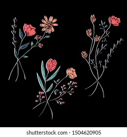 Doodle style. Tattoo. Set of bouquets of wildflowers. Children's style. Botany. Isolated objects on a black background.