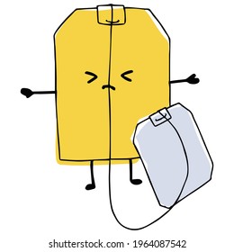 Doodle style tea bag with cute face. Brew bag with tag in orange vector format.