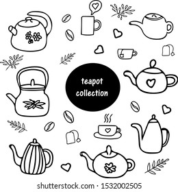 Doodle style teapot collection. Scandinavian cozy simple hygge liner style. hand drawn pot, kettle, teakettle, cup, tea, coffee, warm drinks. Cozy home kitchen cafe. design elements menu, cards