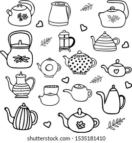 Doodle style teapot collection. Scandinavian cozy simple hygge liner style. hand drawn pot, kettle, teakettle, cup, tea, coffee, warm drinks.