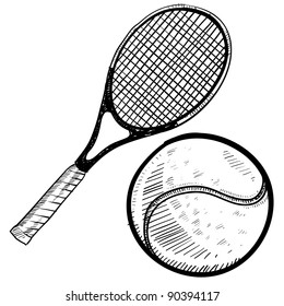 Doodle style tennis ball and racket vector illustration