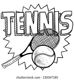 Doodle style tennis illustration in vector format. Includes text, racquet, and ball.