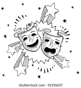 Doodle style theater or drama masks illustration in vector format with retro 1970s pop background