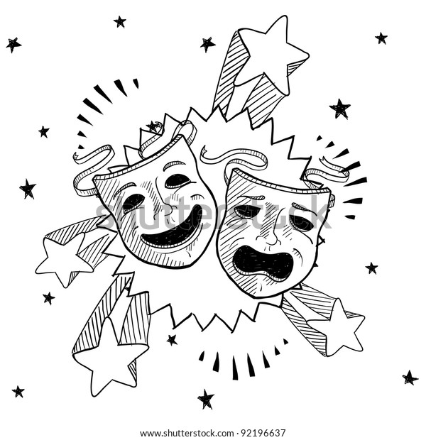 Doodle style theater or drama\
masks illustration in vector format with retro 1970s pop\
background