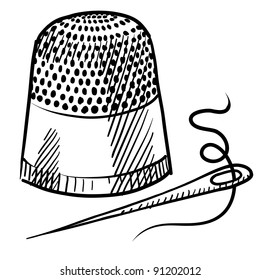 Doodle style thimble and needle illustration in vector format suitable for web, print, or advertising use.