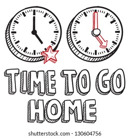 Doodle style time to go home illustration in vector format.  Includes text clocks indicating 5:00 PM.
