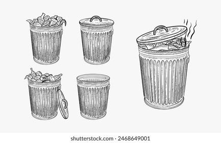 Doodle style trash can sketch in vector format. Set includes garbage cans in a variety of states