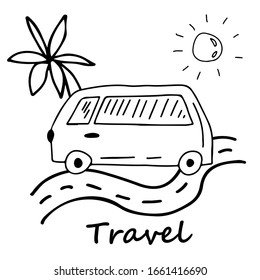 Doodle style travel concept. Elements are isolated on a white background. The bus goes on the road, the sun, a palm tree. Stock vector illustration.