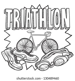 Doodle style triathlon illustration in vector format.  Includes text and swimming goggles, bicycle, and running shoes.