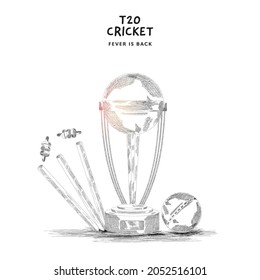 Doodle Style Trophy Cup With Ball, Wicket Stumps On White Background For T20 Cricket Concept.