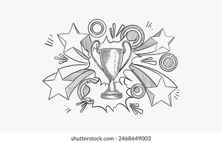 Dibujo de trofeo estilo Doodle en formato Vector sobre estrellas retro y fondo de fuegos artificiales