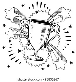 Doodle style trophy sketch in vector format on retro stars and fireworks background