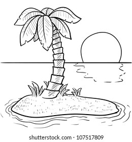 Doodle style tropical or deserted island with palm tree and sunset in vector format.