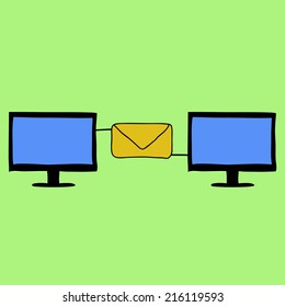 Doodle style two computers connected with letter. Email concept