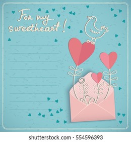 Doodle style valentine's day love card with text field and cute bird and hearts in opened envelope for sweetheart vector illustration
