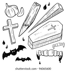 Doodle Style Vampire Lore Set In Vector Format.  Includes Coffin, Stake, Garlic, Crucifix, Bat, And Bloody Fangs.