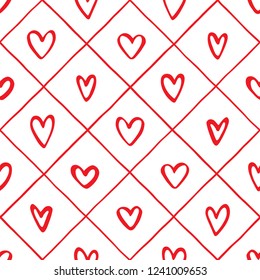 Doodle style various outline hearts and crossing diagonal stripes, streaks seamless vector repeat pattern. Valentines day background. Hand drawn lattice, square grid, trellis, grating regular texture.