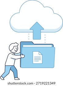 Arte vectorial de estilo Doodle que muestra un personaje que transfiere archivos o documentos de una carpeta a un sistema de almacenamiento en la nube. Este gráfico representa el concepto de copia de seguridad en línea, gestión de datos y archivado digital remoto seguro utilizando servicios en la nube modernos.