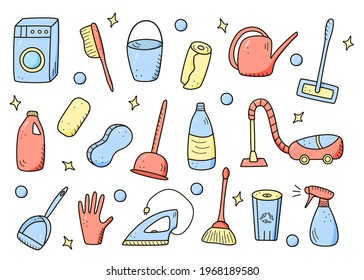 Doodle style vector cleaning elements. A set of drawings of cleaning products and items. Room washing kit