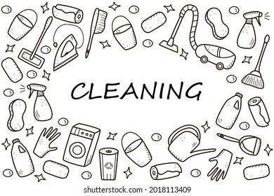 Doodle style vector cleaning elements. A set of drawings of cleaning products and items. Room washing kit.