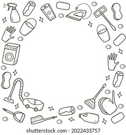 Doodle style vector cleaning elements. A set of drawings of cleaning products and items. Room washing kit.