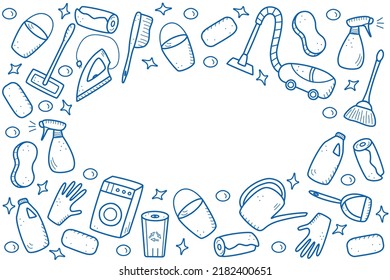 Doodle style vector cleaning elements. A set of drawings of cleaning products and items. Room washing kit.