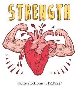 Doodle style vector drawing of a muscular heart announcing strength with hand drawn text.