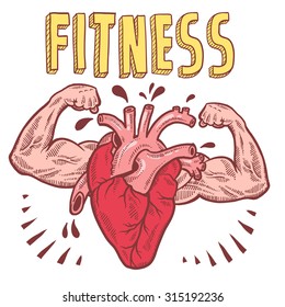 Doodle style vector drawing of a muscular heart announcing fitness with hand drawn text.