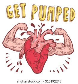 Doodle style vector drawing of a muscular heart announcing get pumped with hand drawn text.