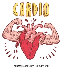 Doodle style vector drawing of a muscular heart announcing cardio with hand drawn text.