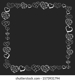 doodle style vector frame with white objects on black background. Cute fanny hearts for Valentine or love decor